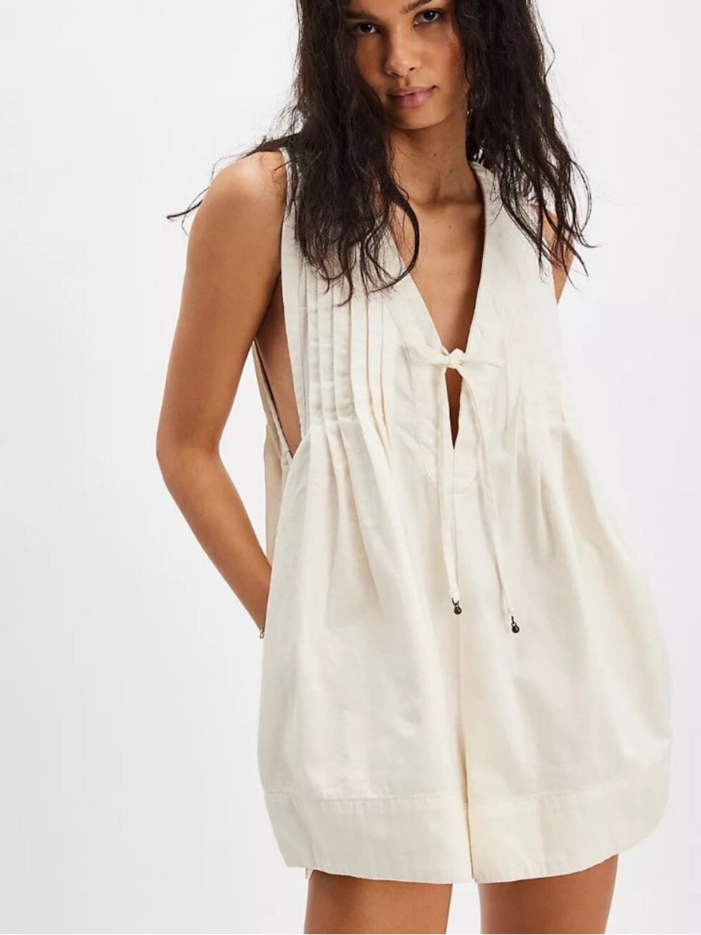 Free People Womens S Sleeveless Boho Webster Romper Deep V Neck Tie Front
